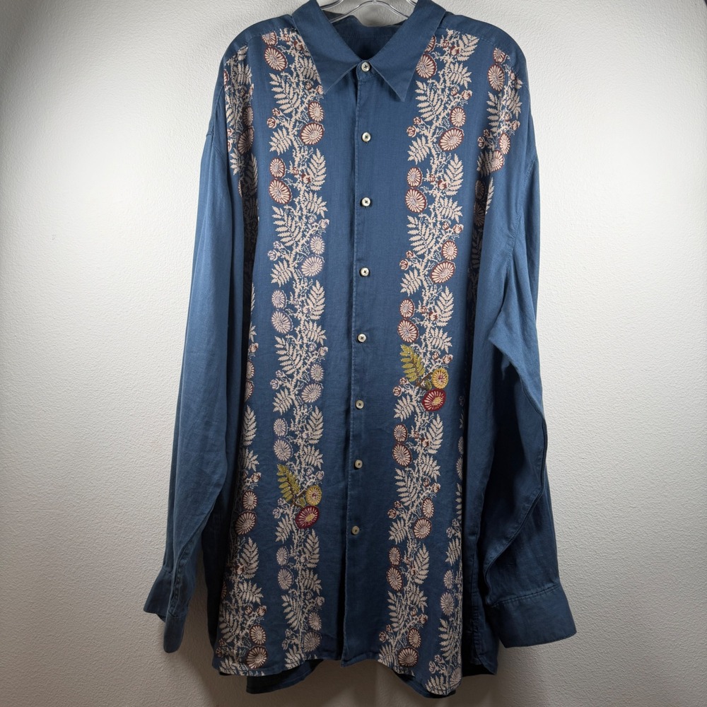 Tommy Bahama Mens 3XT Blue 100% Linen Floral Embroidered Button Down Shirt